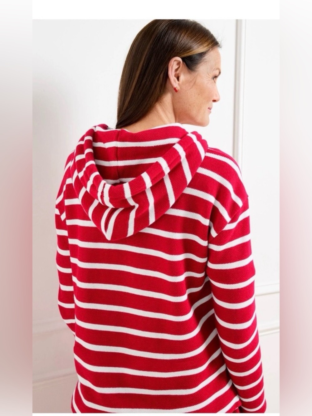 Talbot’s Hoodie Red White Stripes Cotton Drawstring Size XL Side Slits NEW - Picture 2 of 8